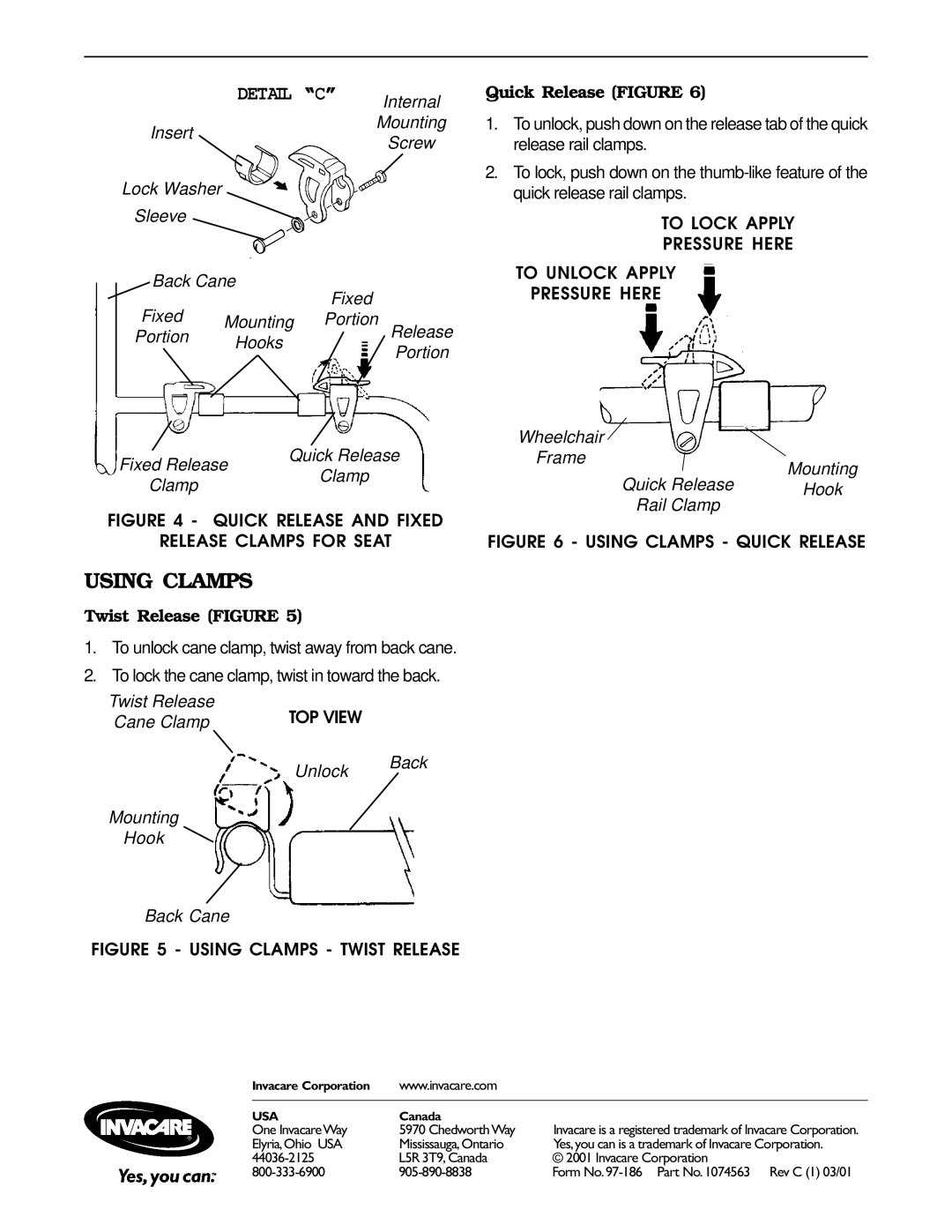 Invacare Fixed Released Rail/Cane Clamps Using Clamps, Quick Release Figure, Twist Release Figure, TOP View 