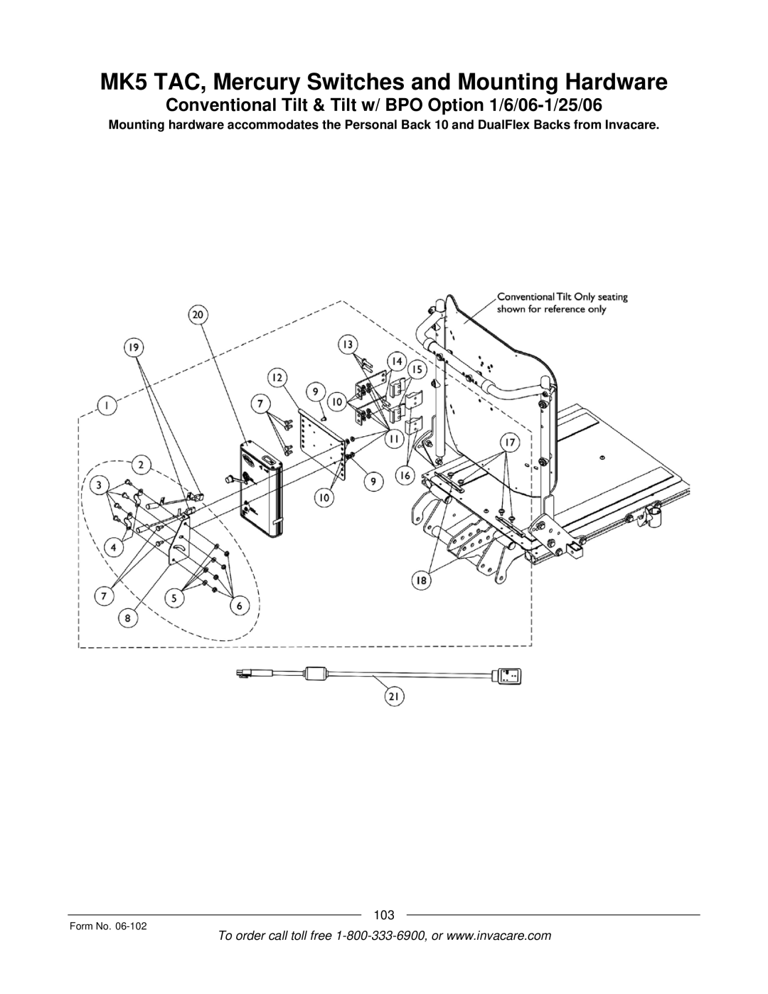 Invacare Formula TRE manual MK5 TAC, Mercury Switches and Mounting Hardware 