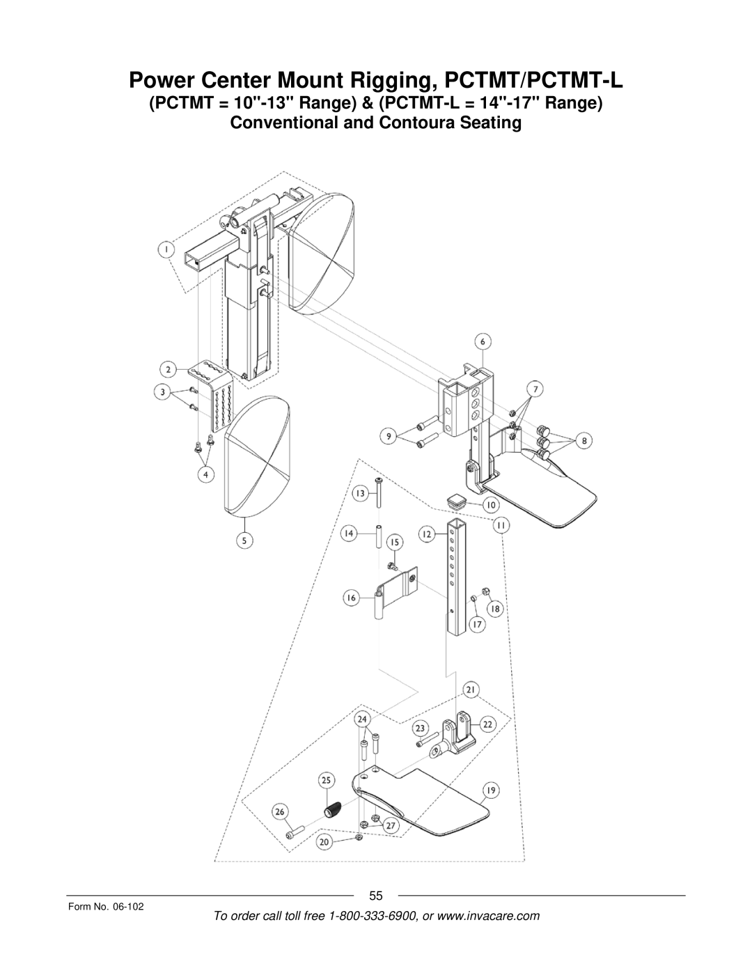 Invacare Formula TRE manual Power Center Mount Rigging, PCTMT/PCTMT-L 