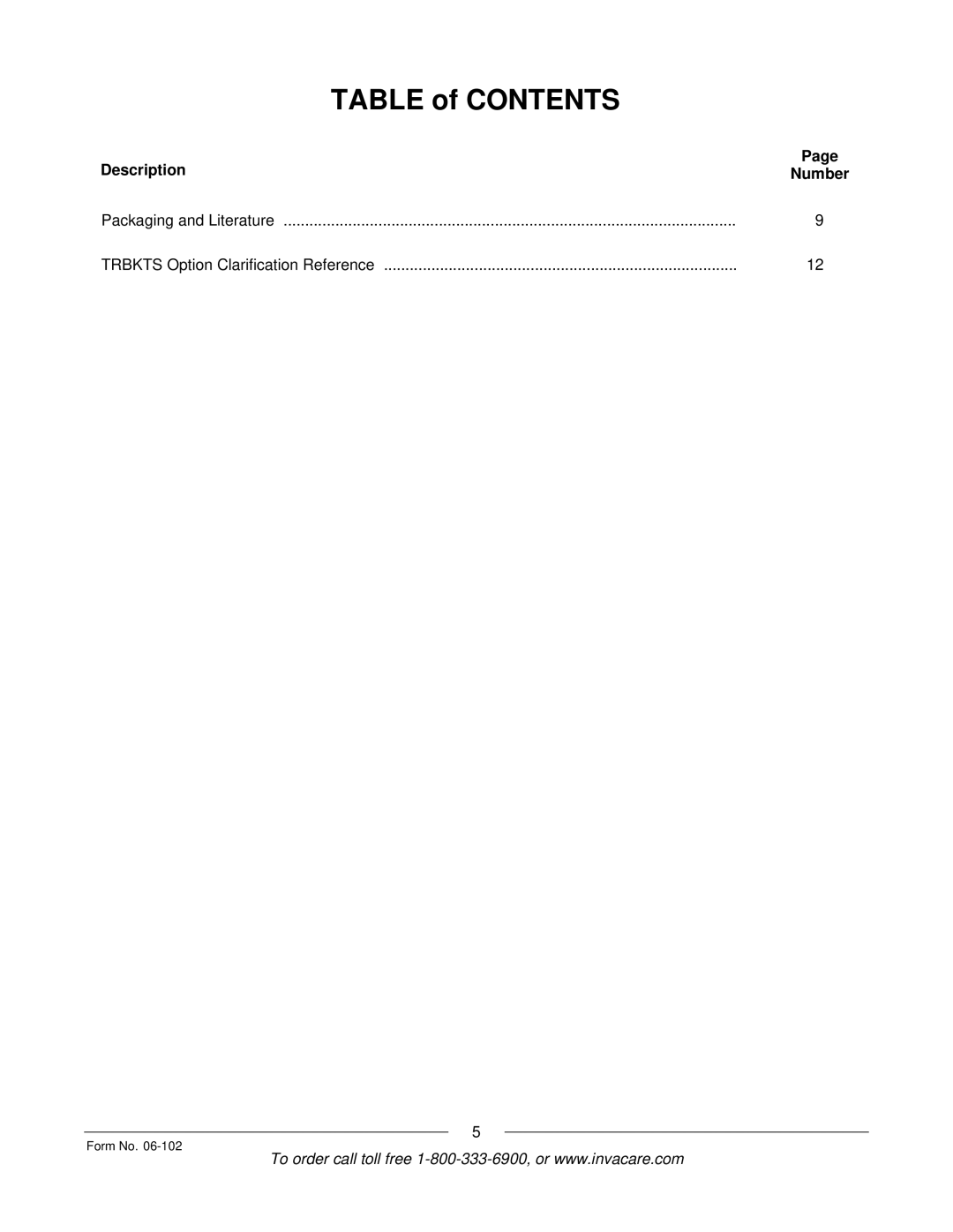 Invacare Formula TRE manual Table of Contents 