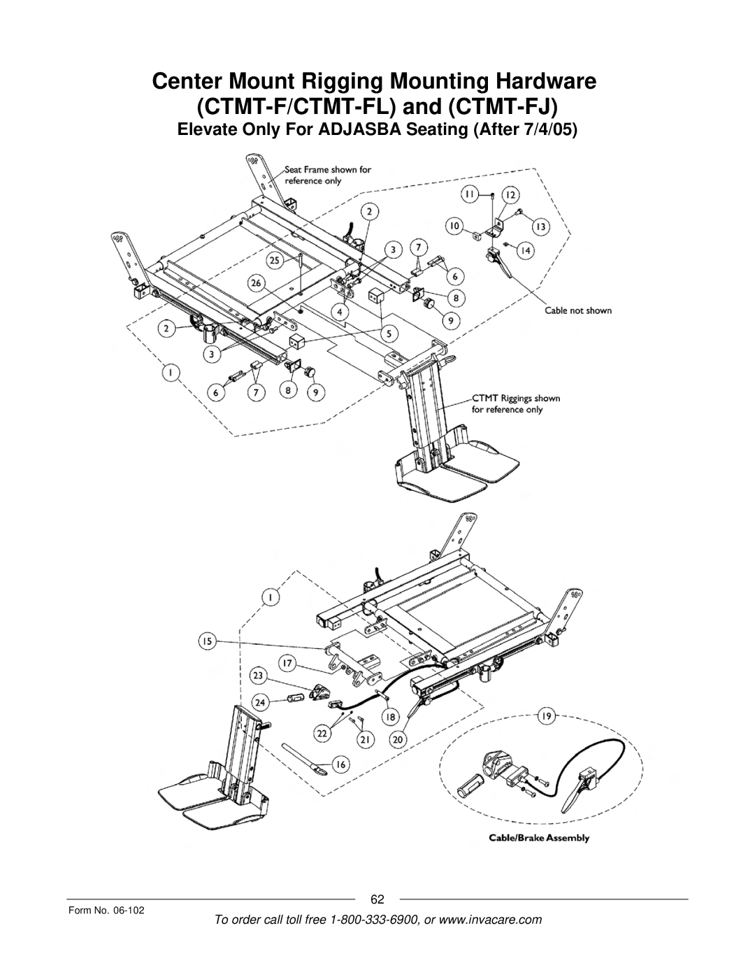 Invacare Formula TRE manual Elevate Only For Adjasba Seating After 7/4/05 