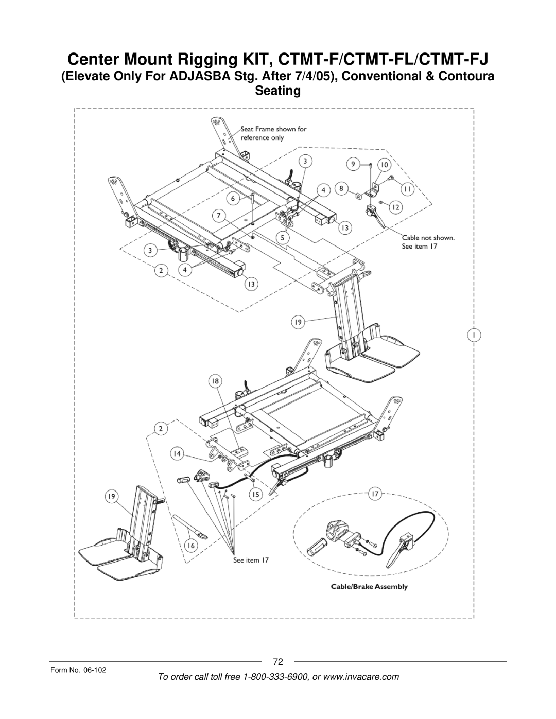 Invacare Formula TRE manual Center Mount Rigging KIT, CTMT-F/CTMT-FL/CTMT-FJ 