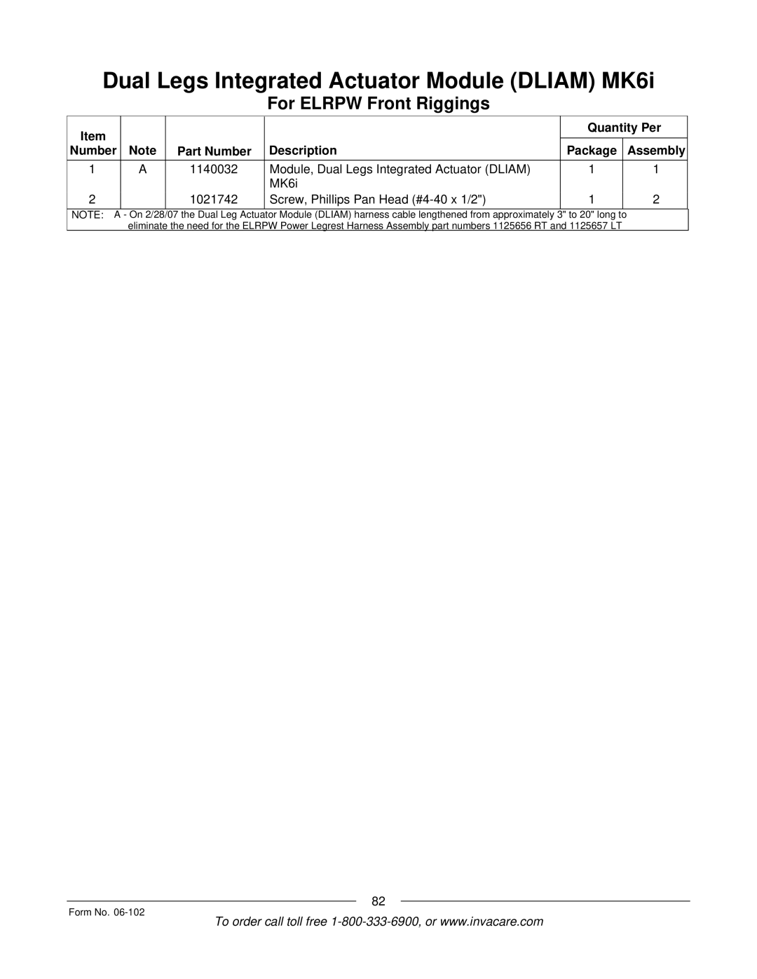 Invacare Formula TRE manual Quantity Per Number Part Number Description Package Assembly 