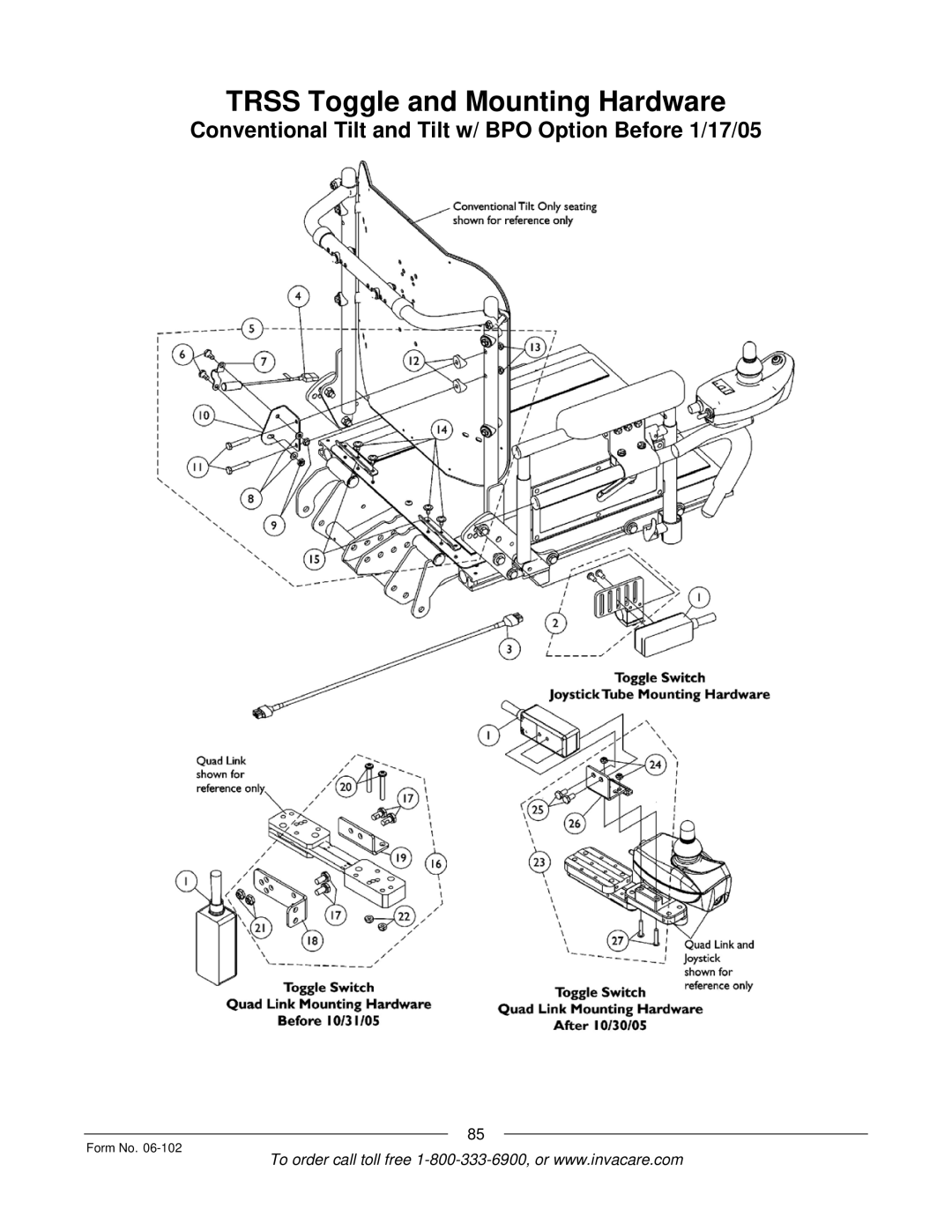 Invacare Formula TRE manual Trss Toggle and Mounting Hardware 