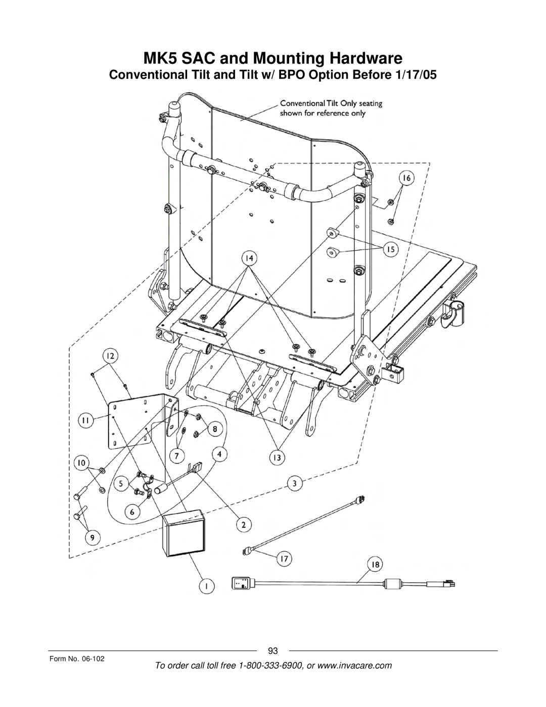 Invacare Formula TRE manual MK5 SAC and Mounting Hardware 