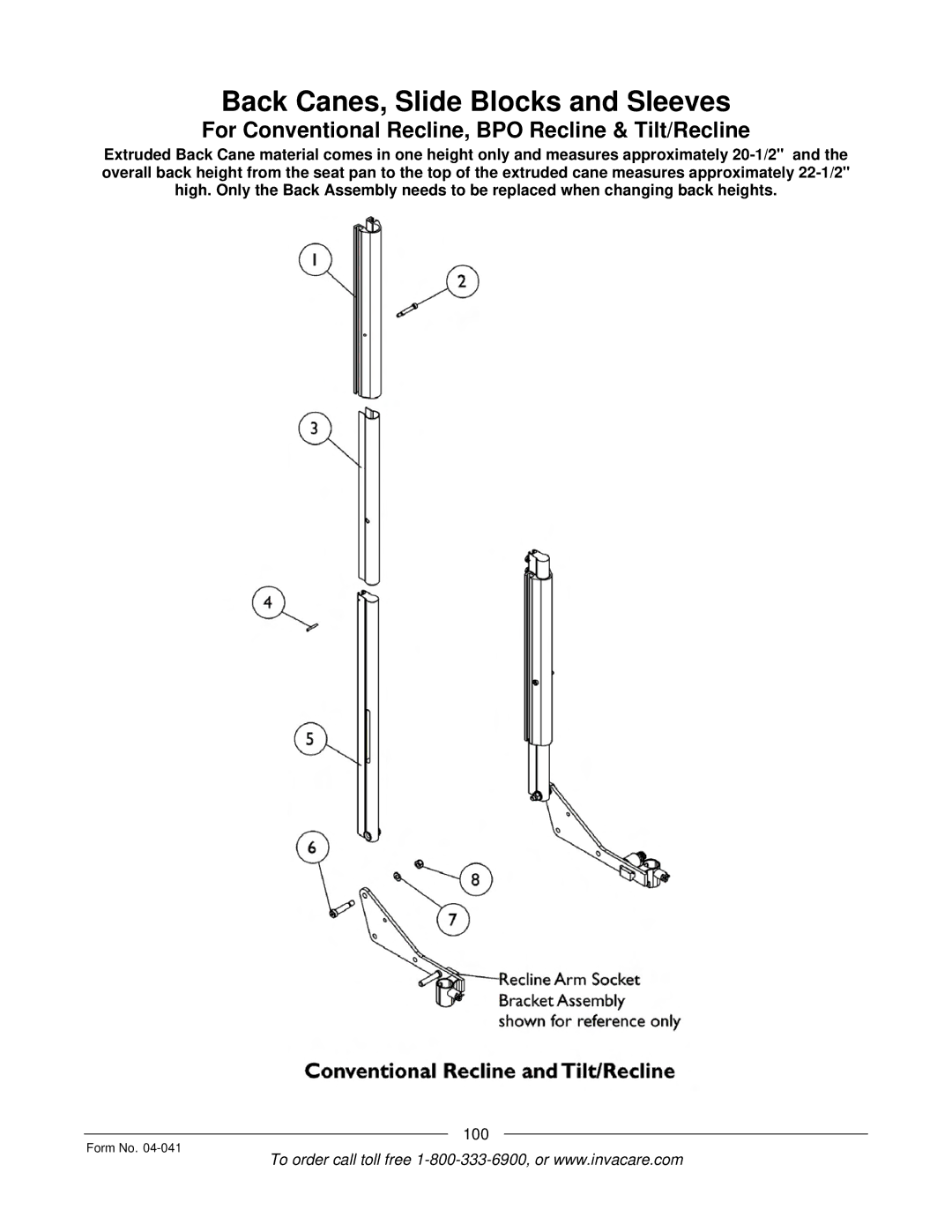 Invacare Formula manual Back Canes, Slide Blocks and Sleeves, For Conventional Recline, BPO Recline & Tilt/Recline 