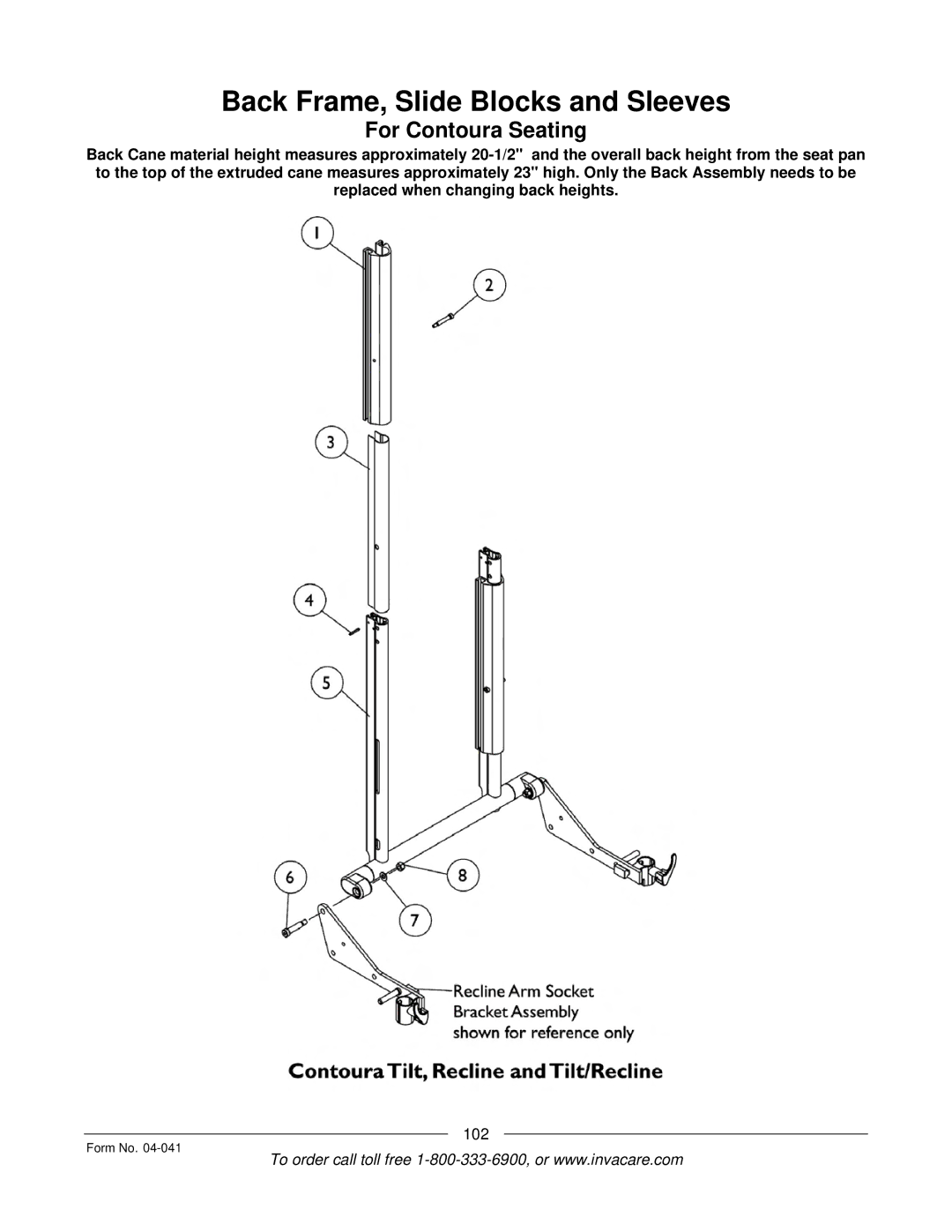 Invacare Formula manual Back Frame, Slide Blocks and Sleeves, For Contoura Seating 