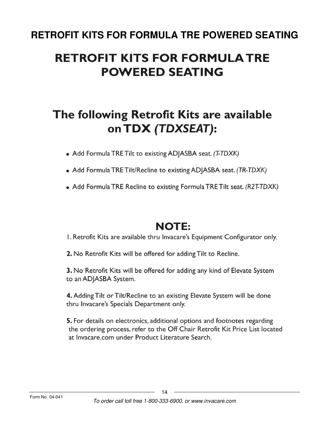 Invacare manual Retrofit Kits for Formula TRE Powered Seating 