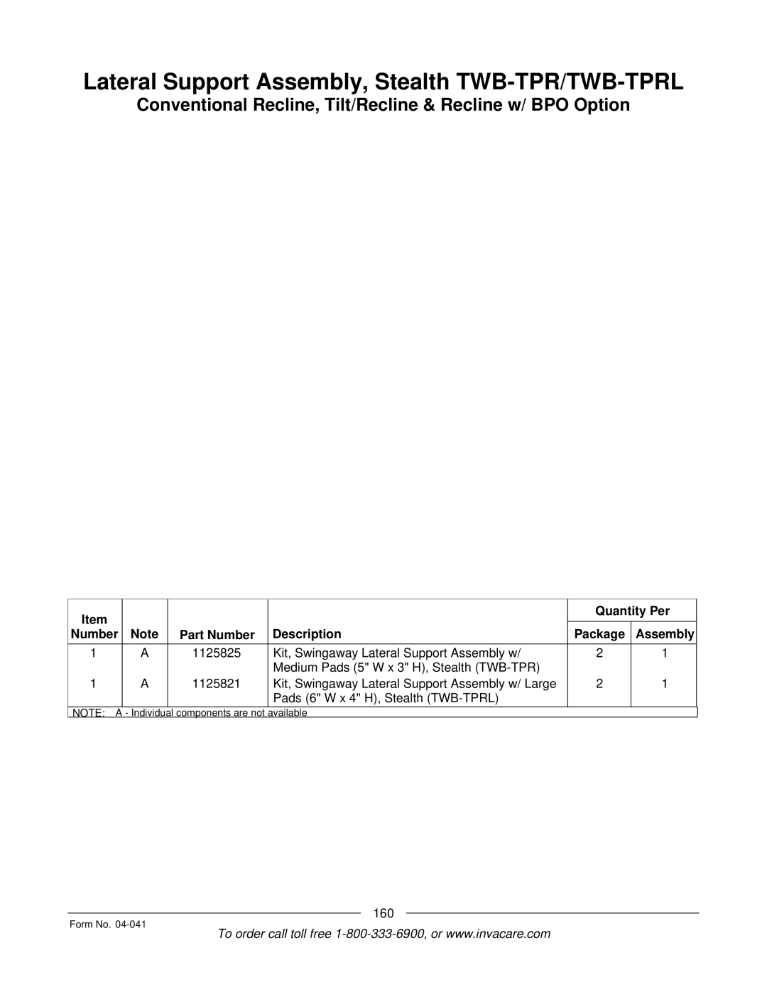 Invacare Formula manual Lateral Support Assembly, Stealth TWB-TPR/TWB-TPRL 