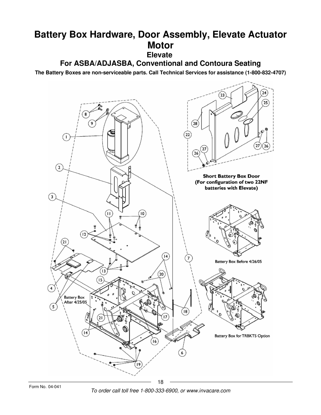 Invacare Formula manual Battery Box Hardware, Door Assembly, Elevate Actuator Motor 