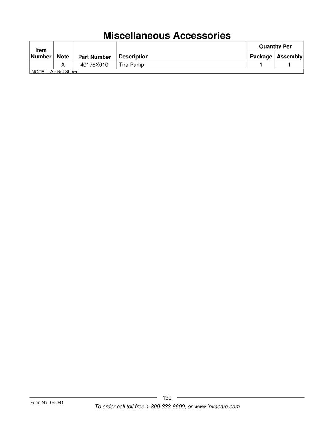 Invacare Formula manual Miscellaneous Accessories 