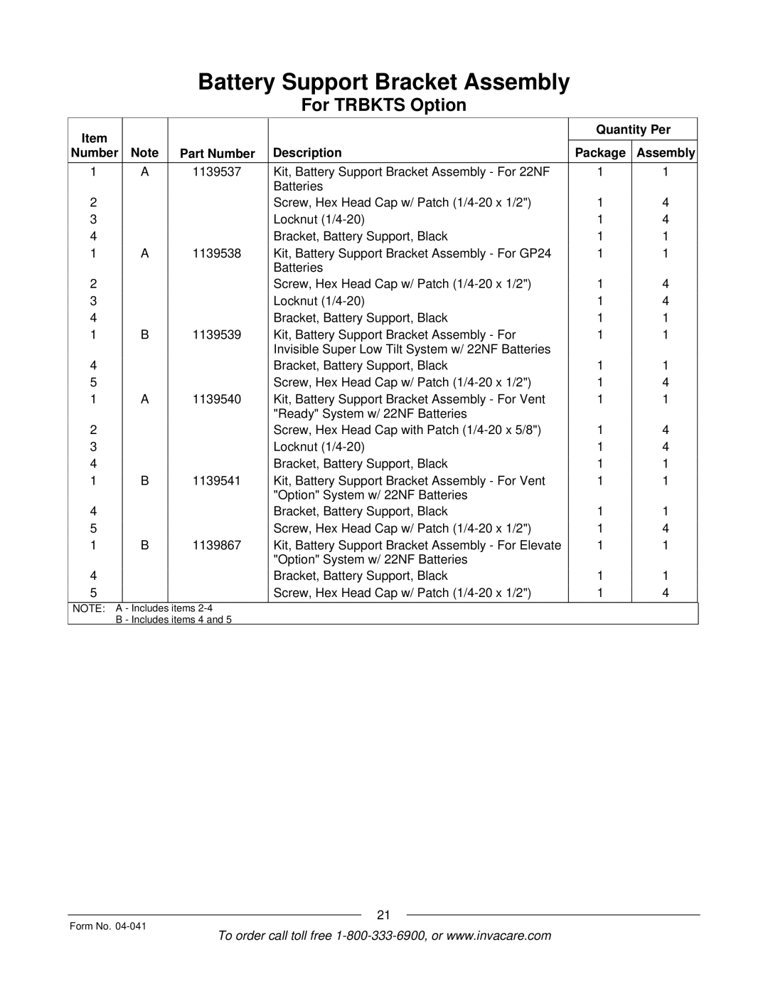 Invacare Formula manual Items Includes items 4 Form No 