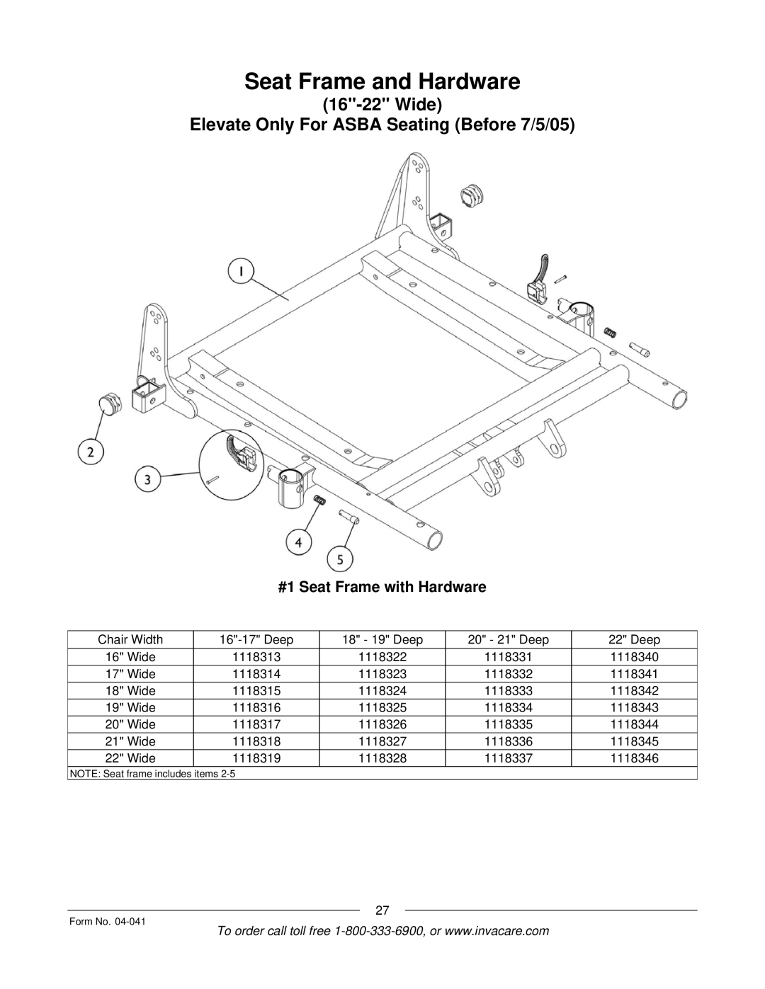 Invacare Formula manual Seat Frame and Hardware, Wide Elevate Only For Asba Seating Before 7/5/05 