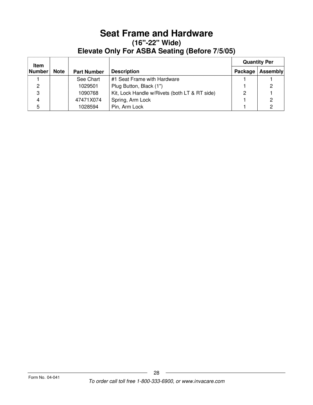 Invacare Formula manual Quantity Per Number Part Number Description Package Assembly 