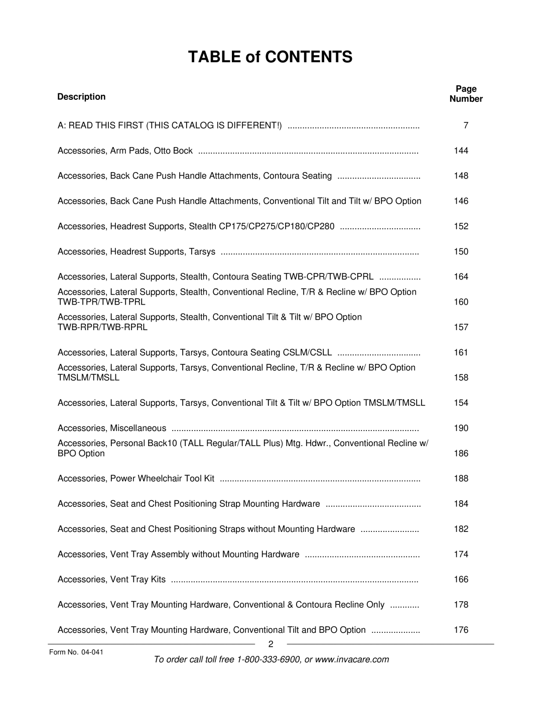 Invacare Formula manual Table of Contents 