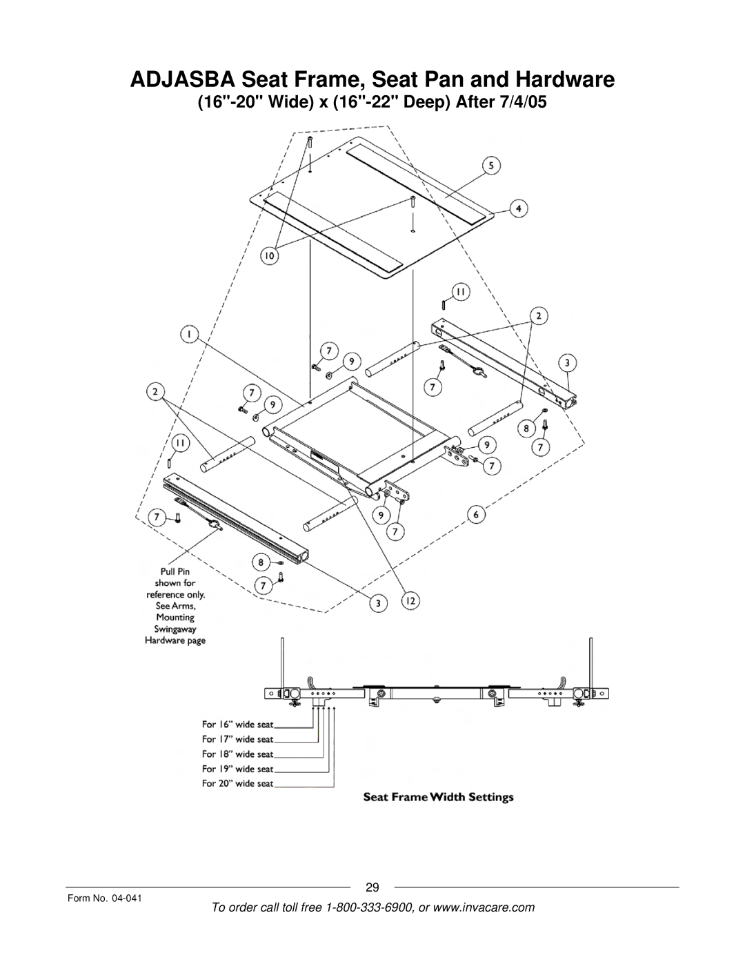 Invacare Formula manual Adjasba Seat Frame, Seat Pan and Hardware 