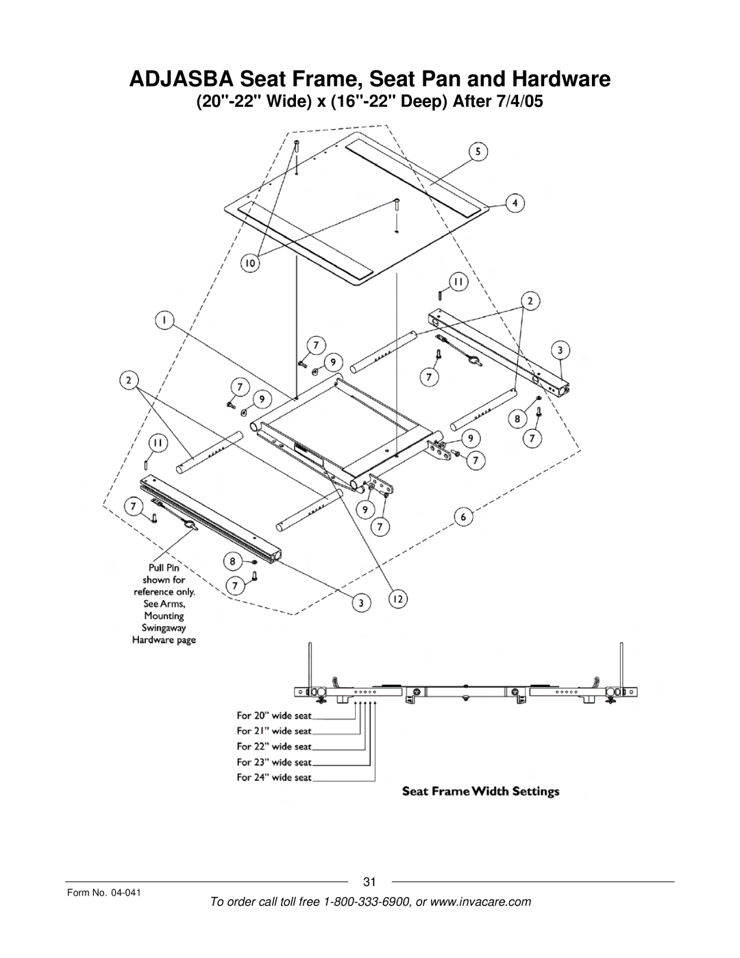 Invacare Formula manual Adjasba Seat Frame, Seat Pan and Hardware 