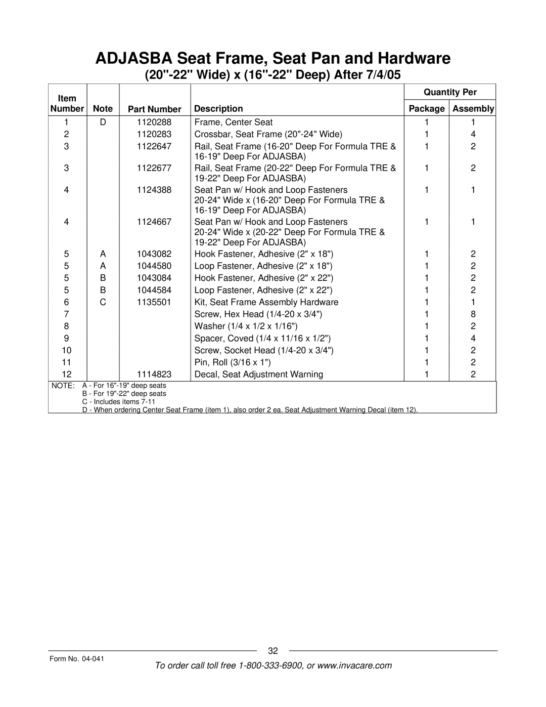 Invacare Formula manual Adjasba Seat Frame, Seat Pan and Hardware 