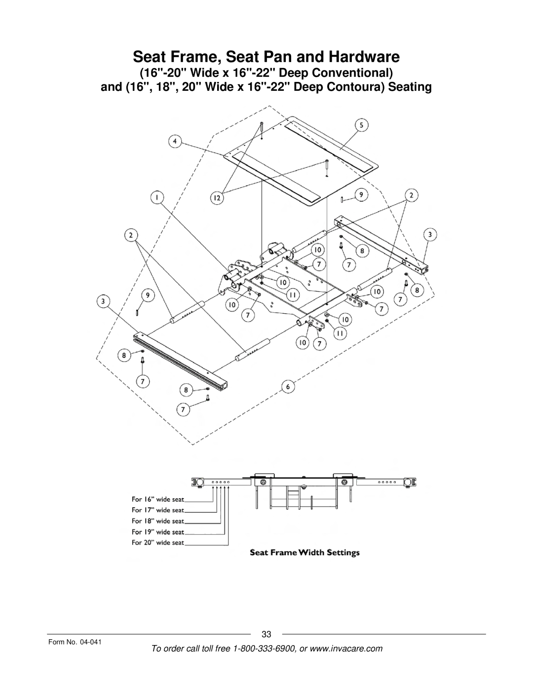 Invacare Formula manual Seat Frame, Seat Pan and Hardware 