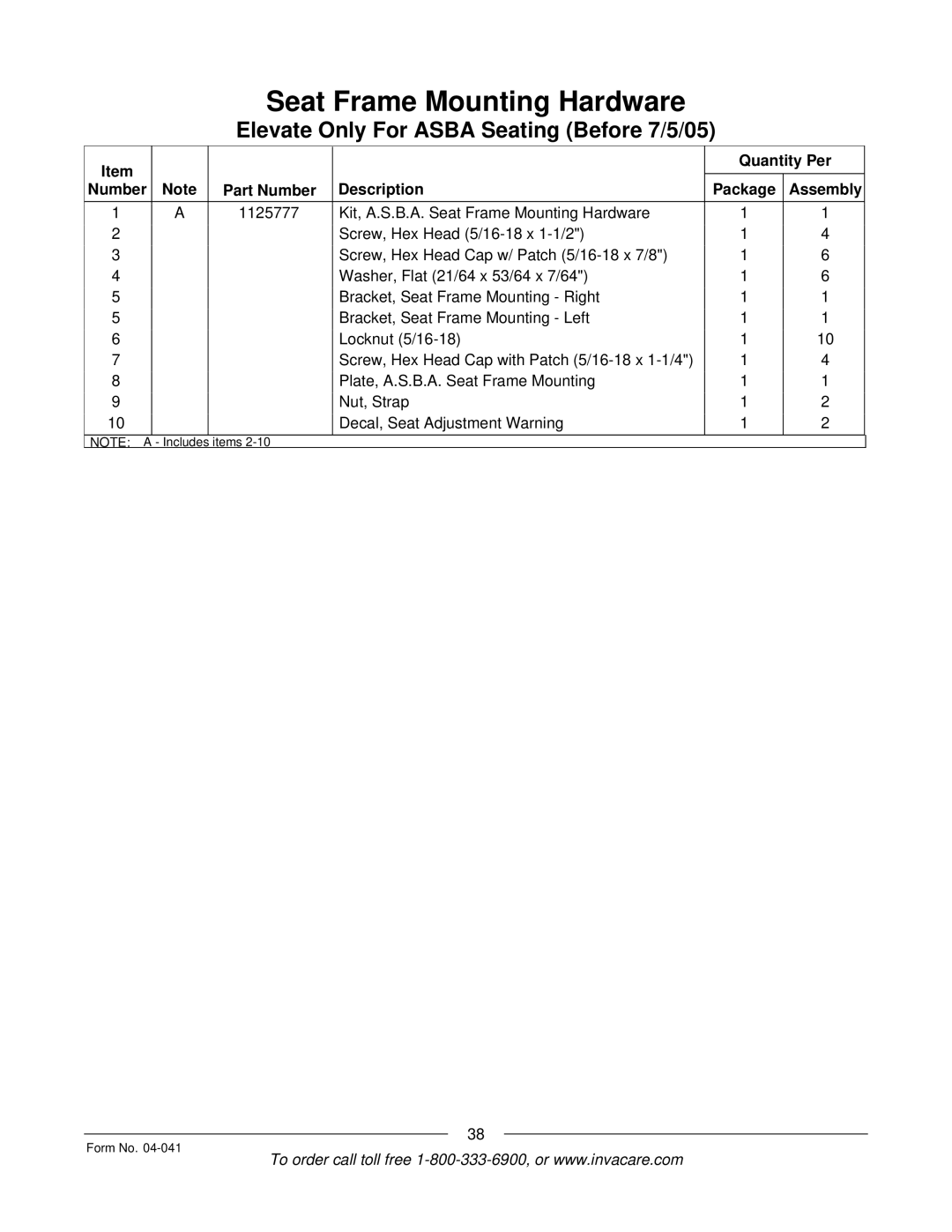 Invacare Formula manual Items Form No 