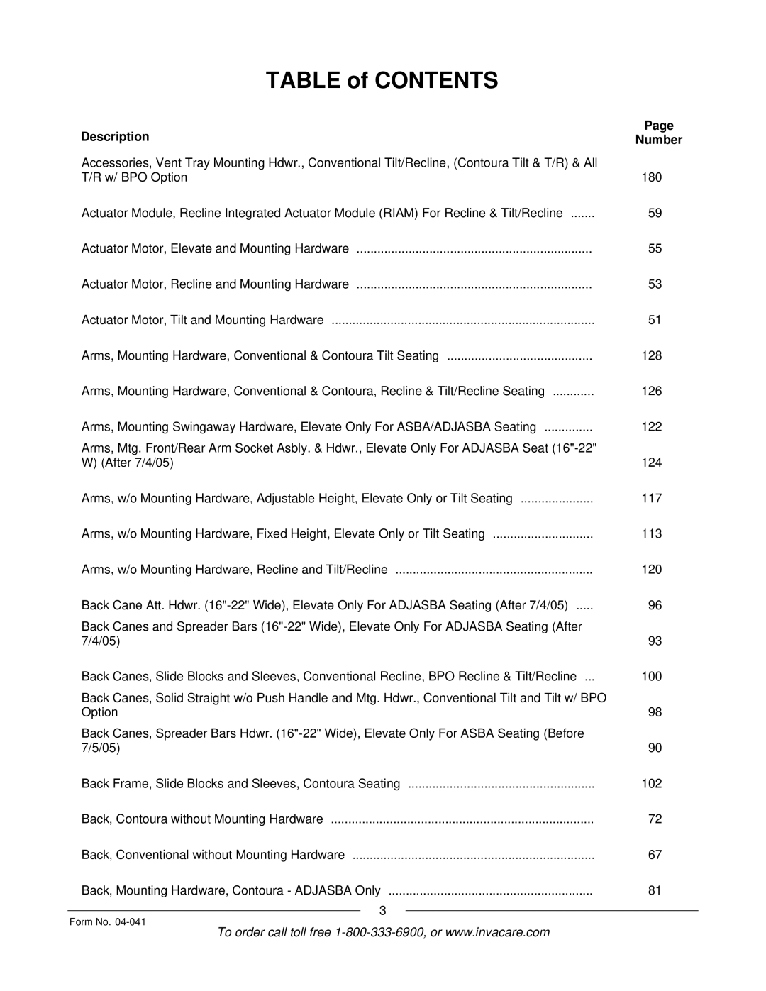 Invacare Formula manual Table of Contents 