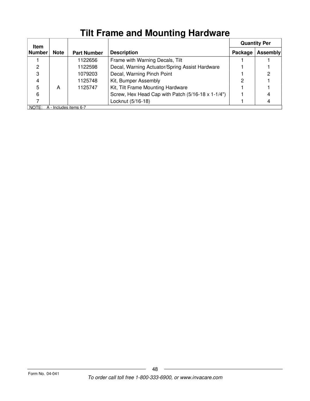 Invacare Formula manual Tilt Frame and Mounting Hardware 