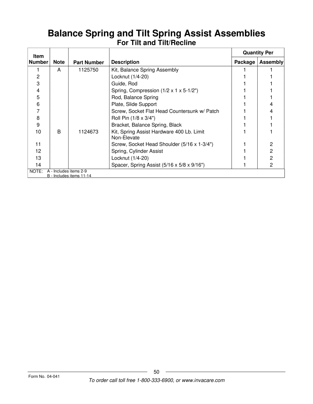 Invacare Formula manual Items Includes items Form No 