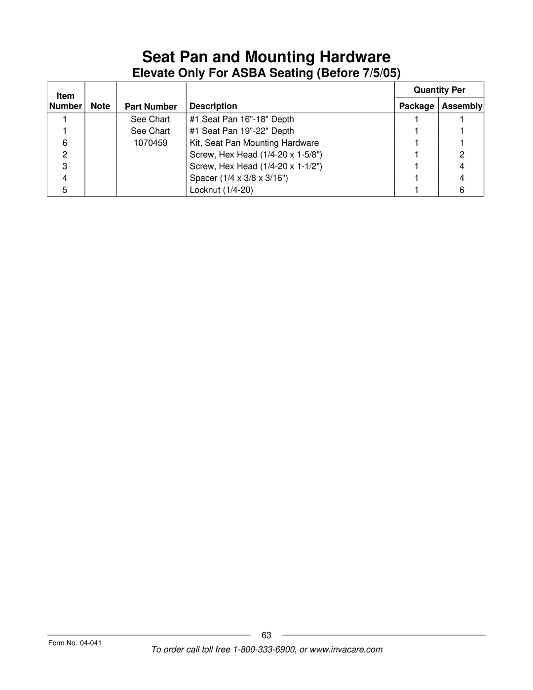 Invacare Formula manual Quantity Per Number Part Number Description Package Assembly 