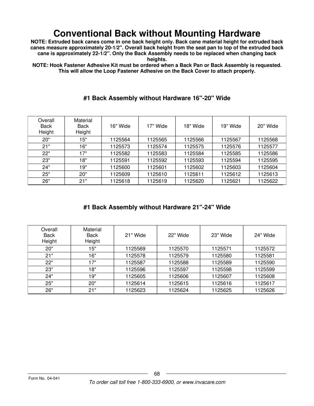 Invacare Formula manual #1 Back Assembly without Hardware 16-20 Wide 