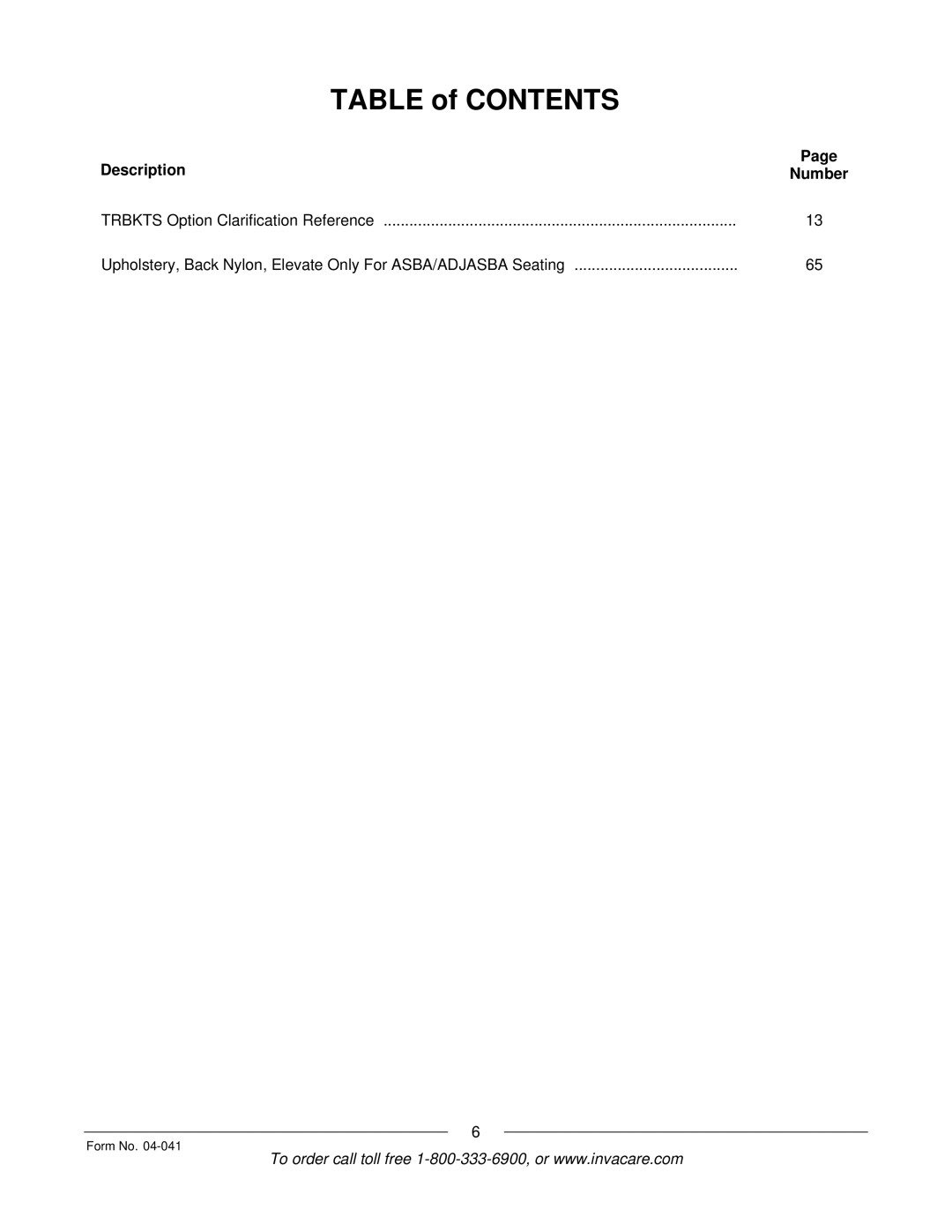 Invacare Formula manual Table of Contents 