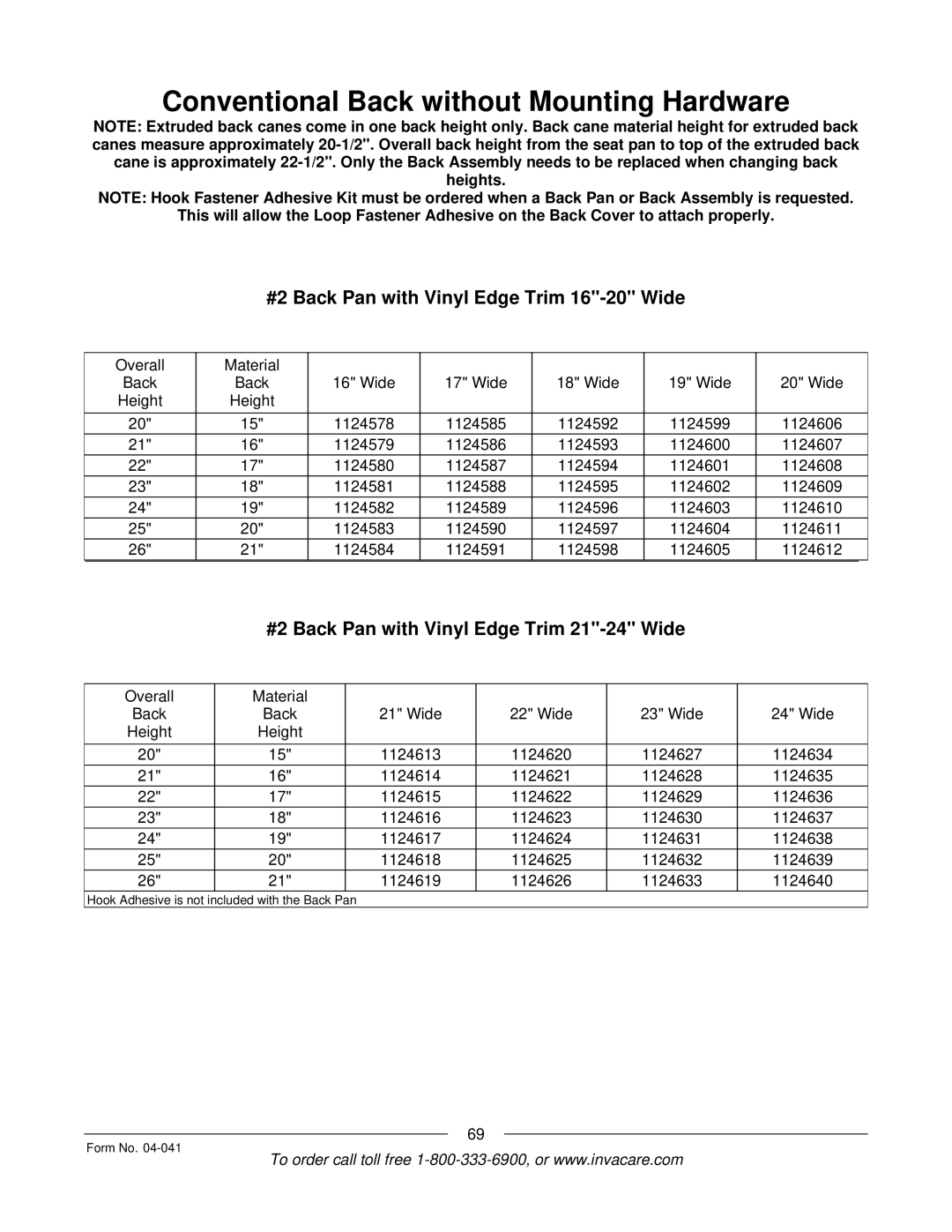 Invacare Formula manual #2 Back Pan with Vinyl Edge Trim 16-20 Wide 