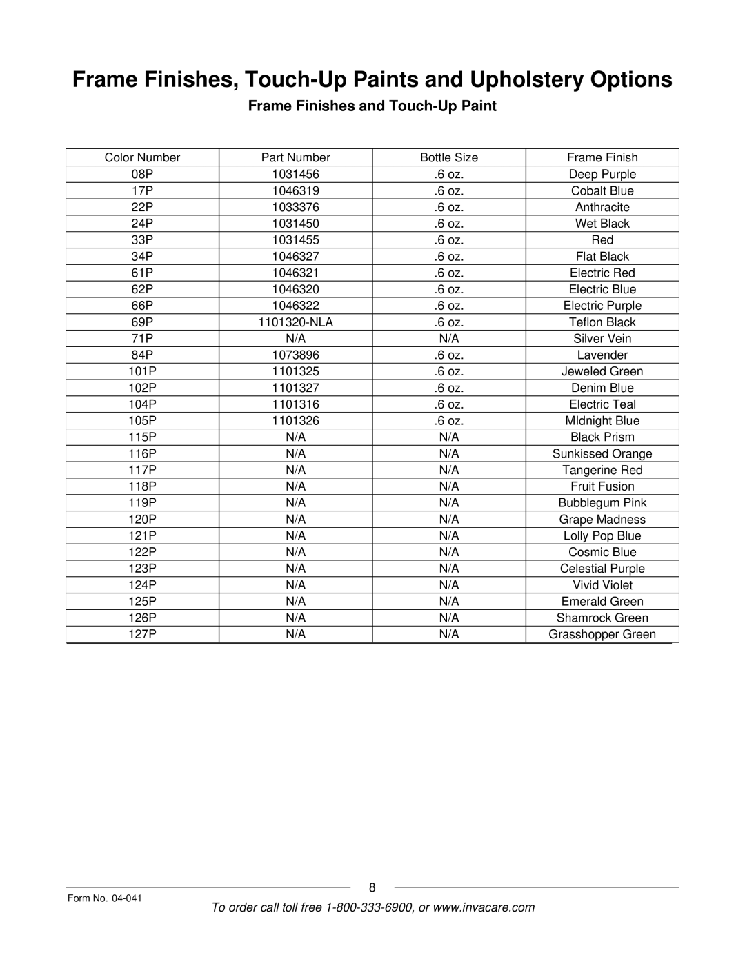 Invacare Formula manual Frame Finishes, Touch-Up Paints and Upholstery Options, Frame Finishes and Touch-Up Paint 