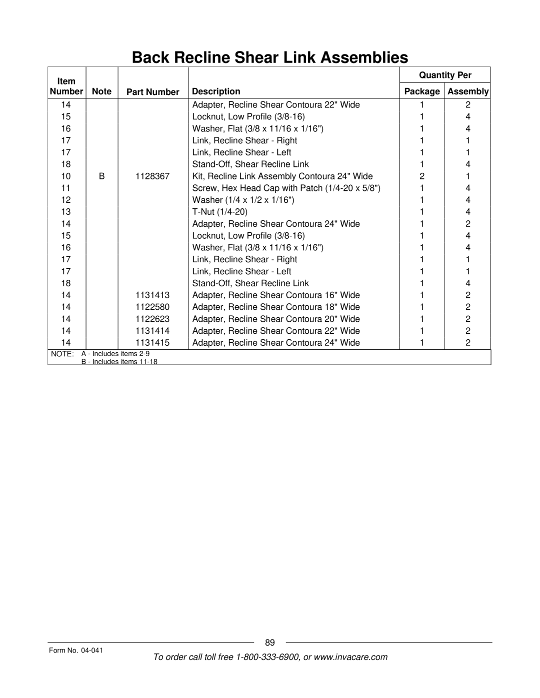 Invacare Formula manual Items Includes items Form No 