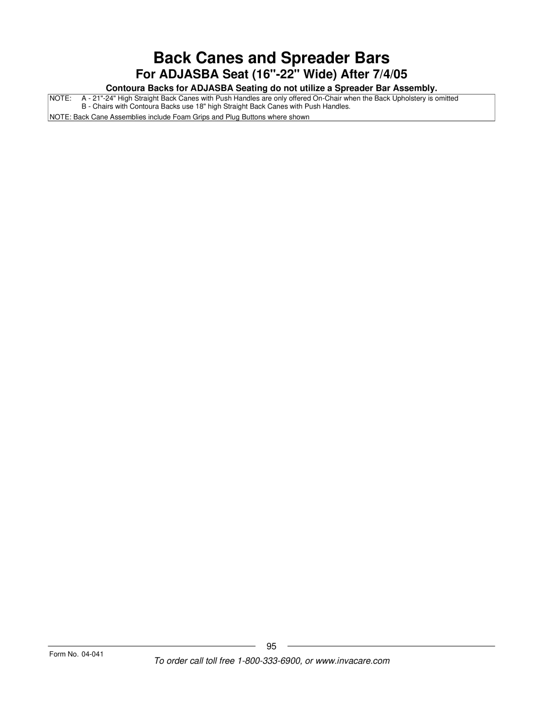 Invacare Formula manual Back Canes and Spreader Bars 