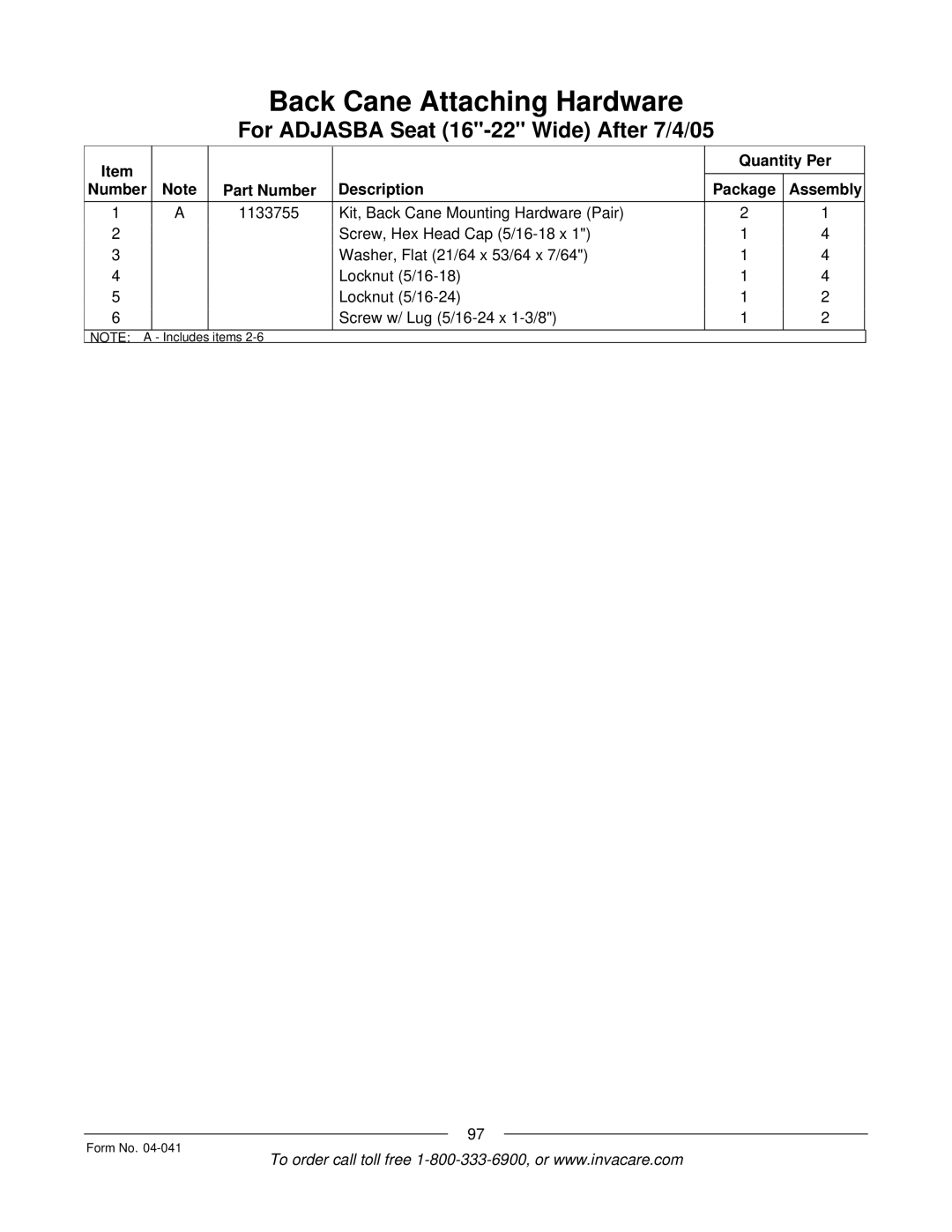 Invacare Formula manual Quantity Per Number Part Number Description Package Assembly 