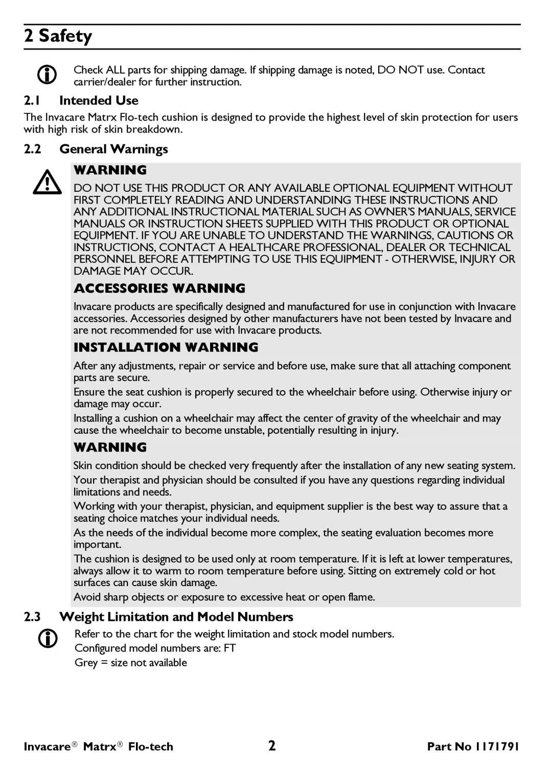 Invacare FT user manual Safety, Intended Use, General Warnings, Weight Limitation and Model NumbersWARNING 