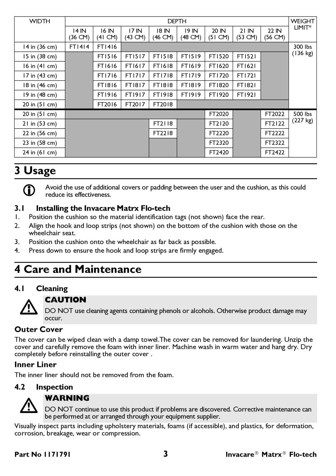 Invacare FT user manual Usage, Care and Maintenance 