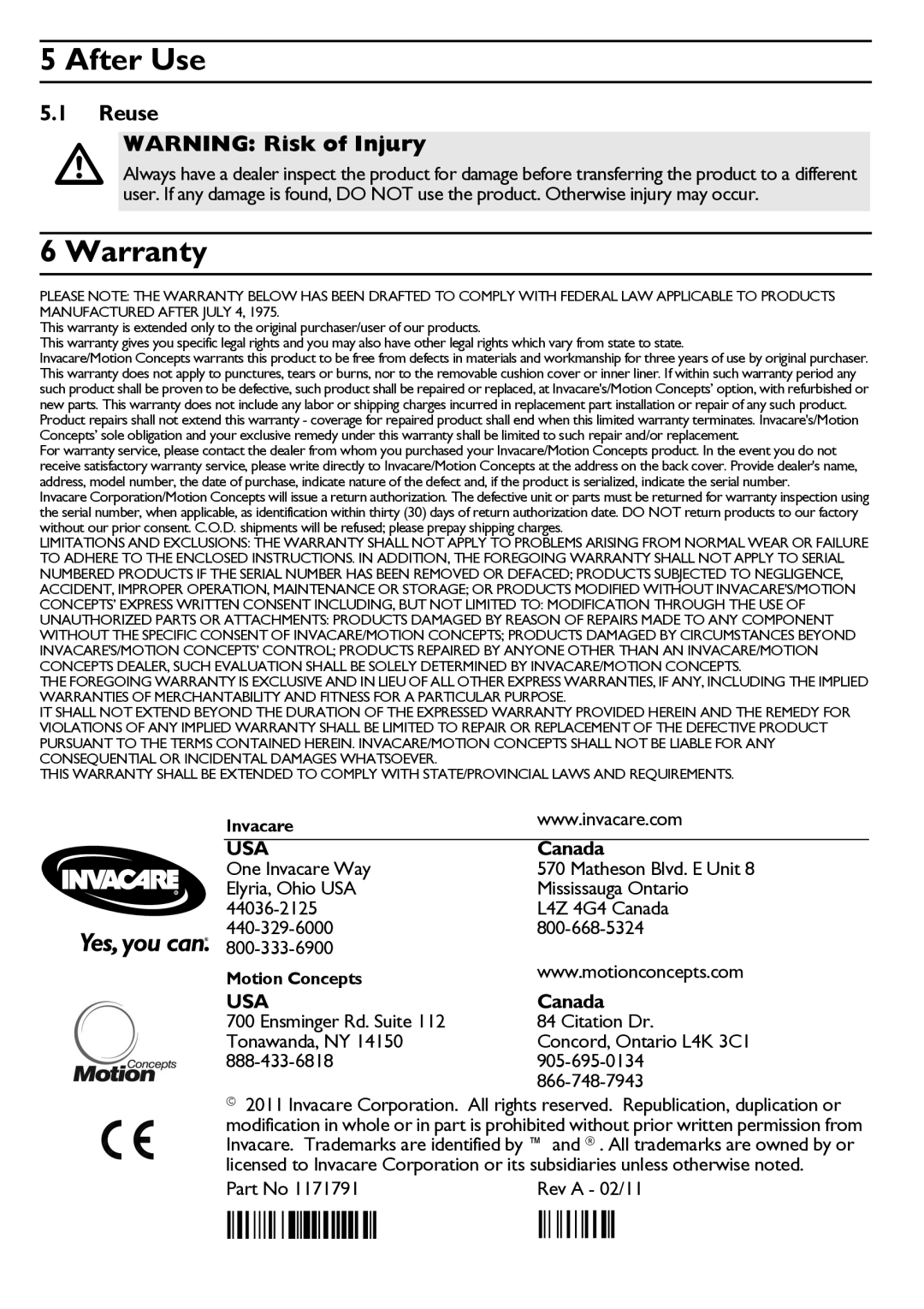 Invacare FT user manual After Use, Warranty, Reuse 