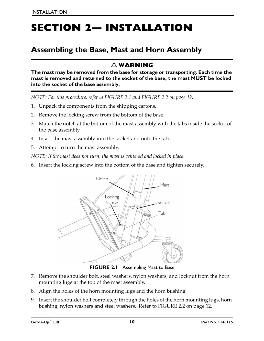 Invacare GET-U-UP LIFT manual Installation, Assembling the Base, Mast and Horn Assembly 