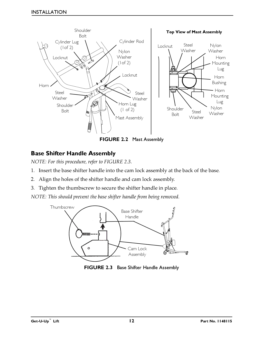 Invacare GET-U-UP LIFT manual Base Shifter Handle Assembly 