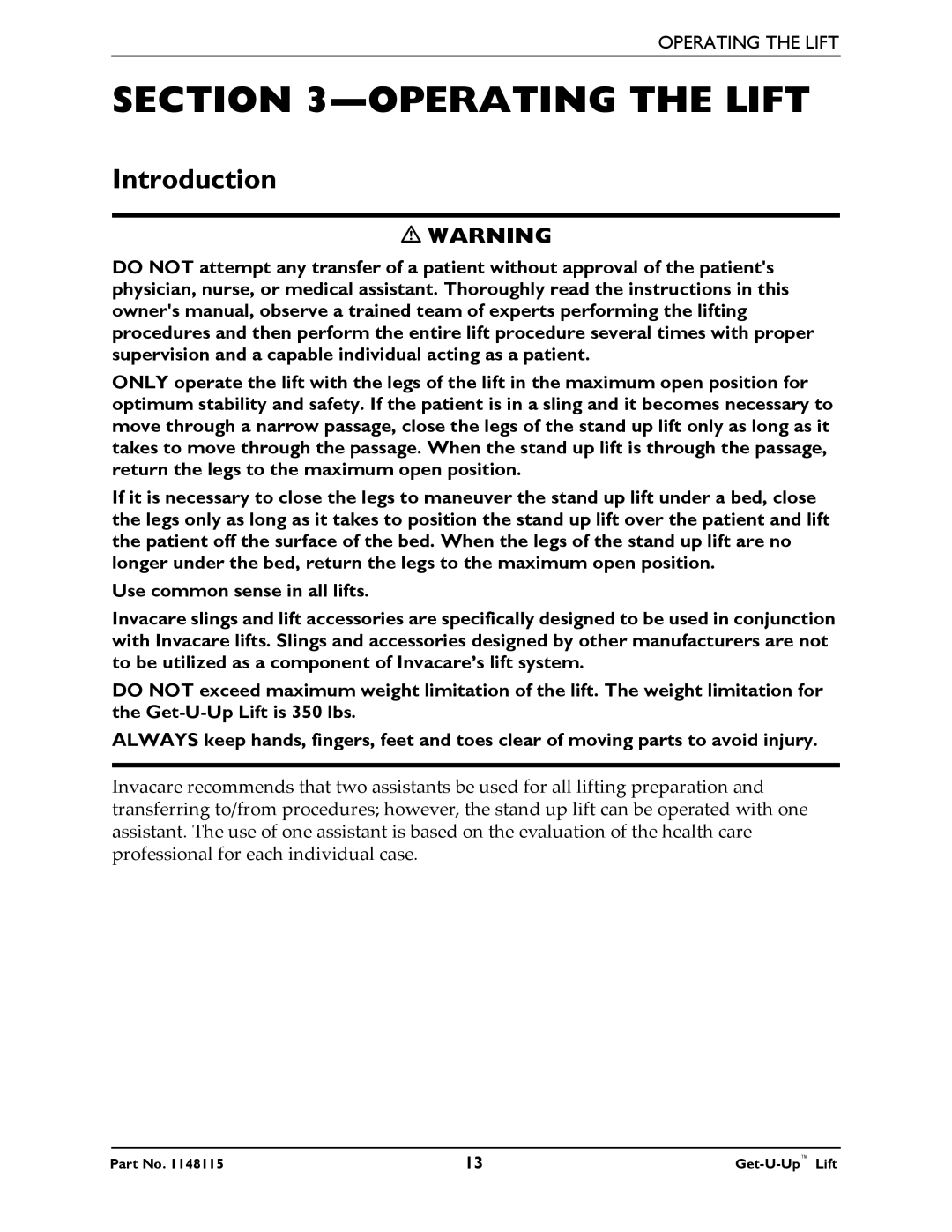 Invacare GET-U-UP LIFT manual Operating the Lift, Introduction 