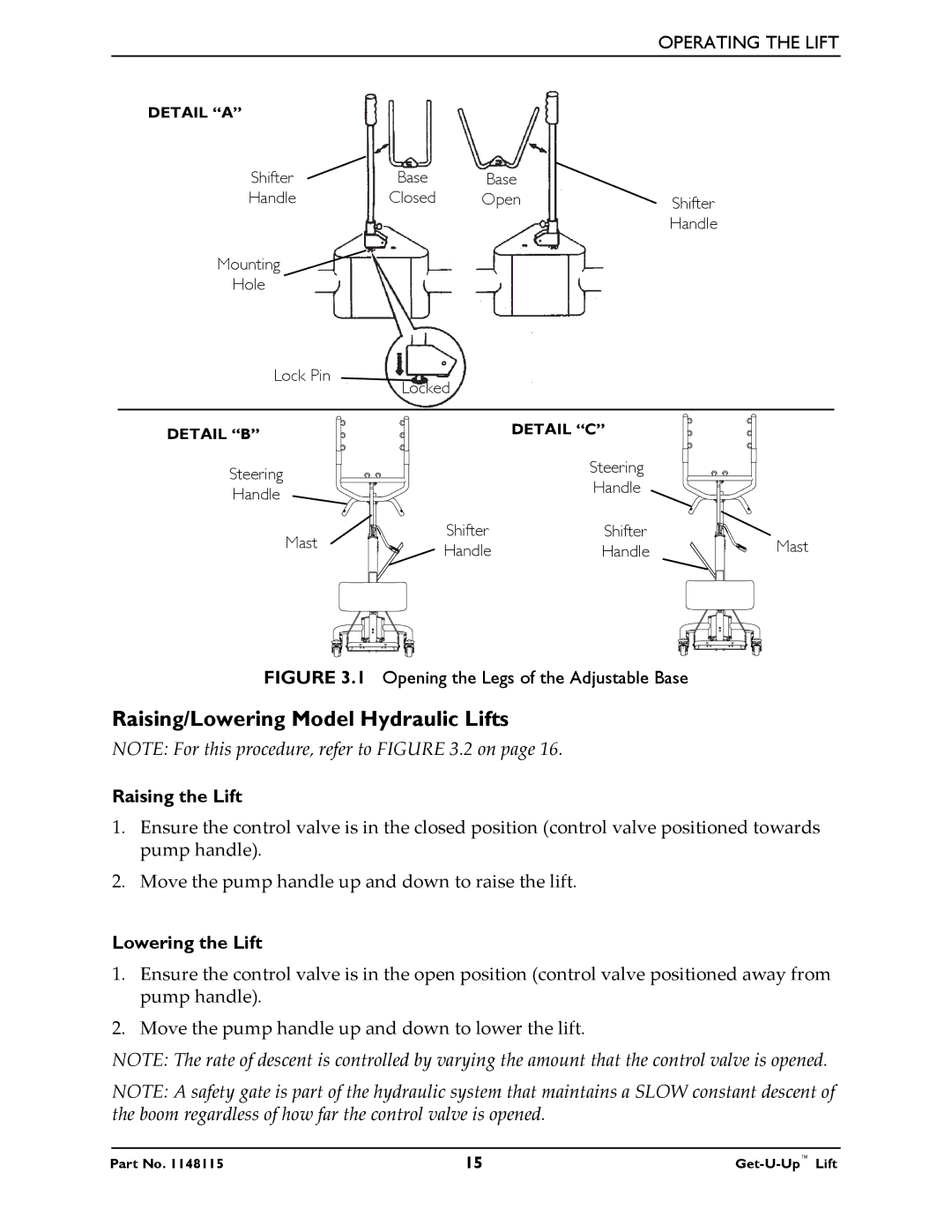 Invacare GET-U-UP LIFT manual Raising/Lowering Model Hydraulic Lifts 