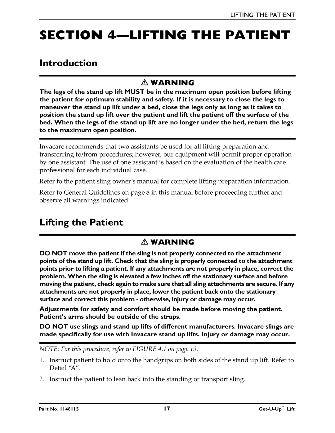 Invacare GET-U-UP LIFT manual Lifting the Patient 