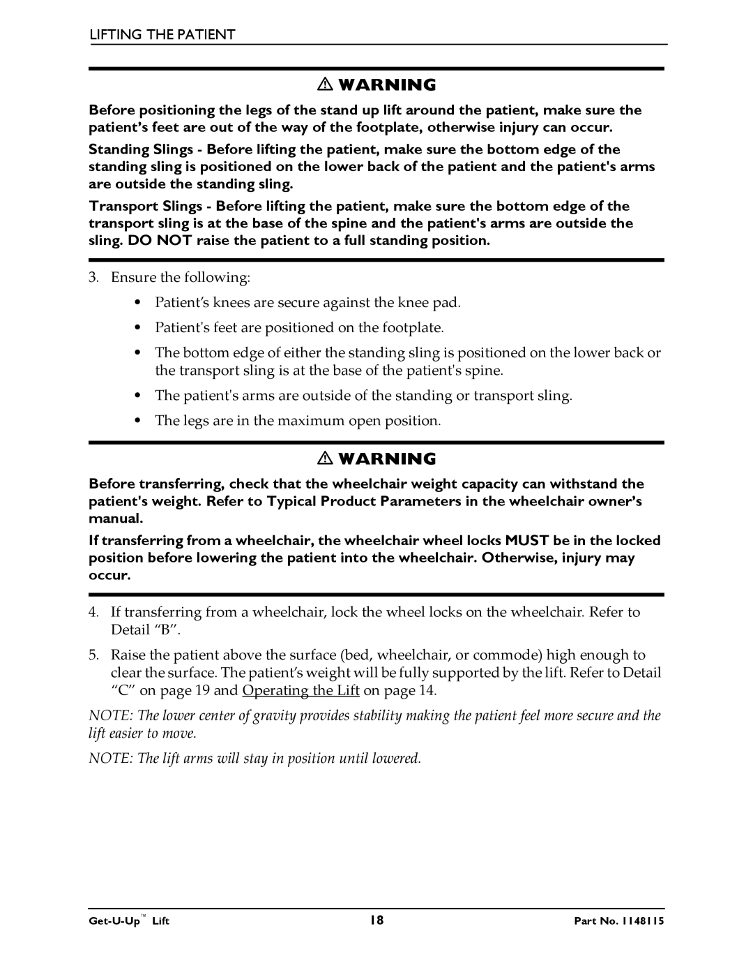 Invacare GET-U-UP LIFT manual Lifting the Patient 