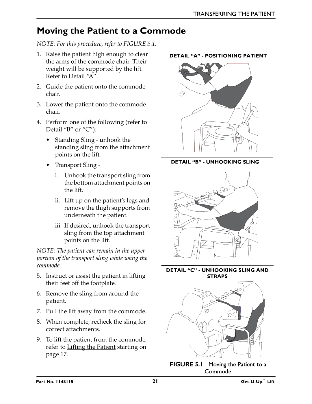 Invacare GET-U-UP LIFT manual Moving the Patient to a Commode 