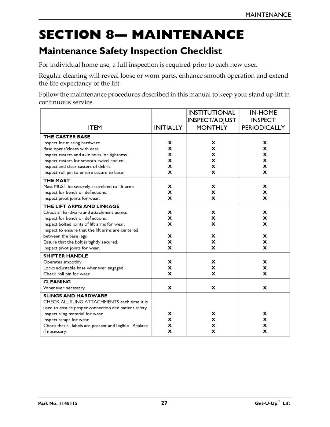 Invacare GET-U-UP LIFT manual Maintenance Safety Inspection Checklist 