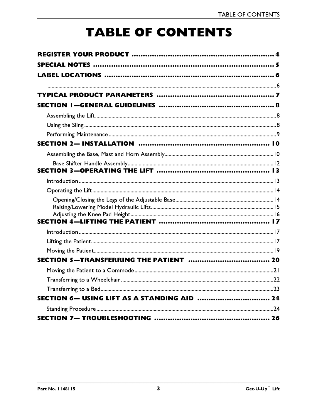 Invacare GET-U-UP LIFT manual Table of Contents 