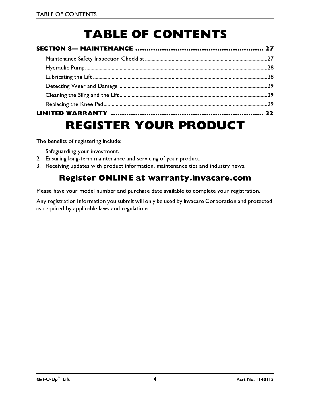 Invacare GET-U-UP LIFT manual Register Your Product, Maintenance 