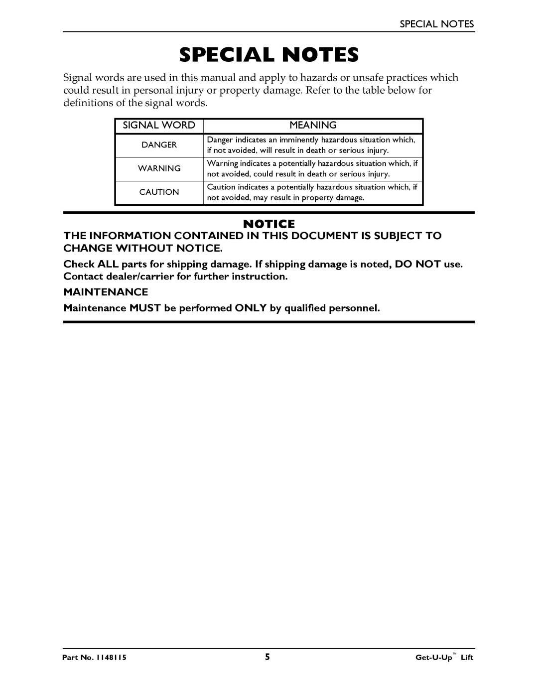 Invacare GET-U-UP LIFT manual Special Notes, Meaning 