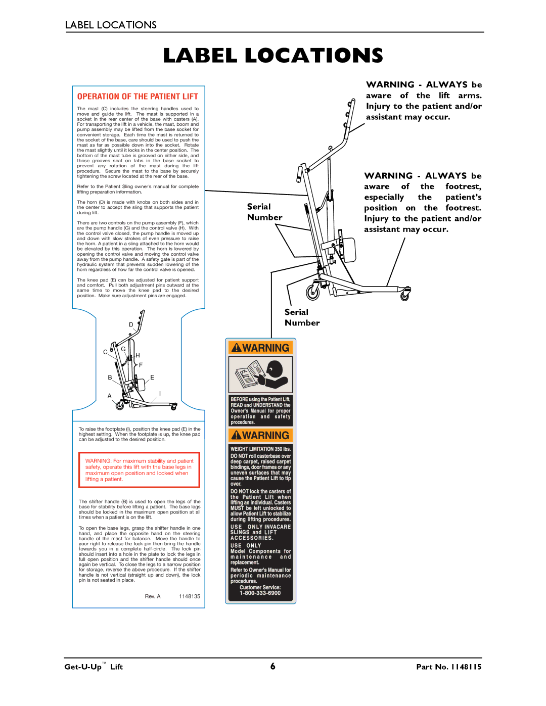 Invacare GET-U-UP LIFT manual Label Locations, Operation of the Patient Lift 